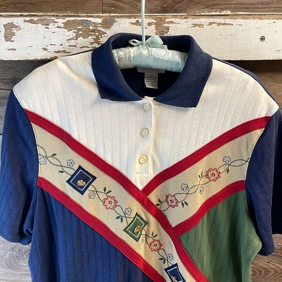 Alfred Dunner Women's Polo Shirt Size L Color Block Floral Striped Knit - Picture 2 of 8